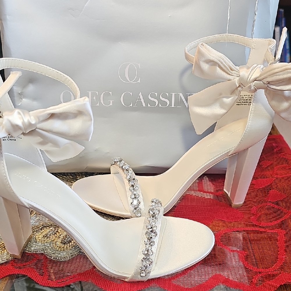 Oleg Cassini Ivory Heels with Rhinestone Strap